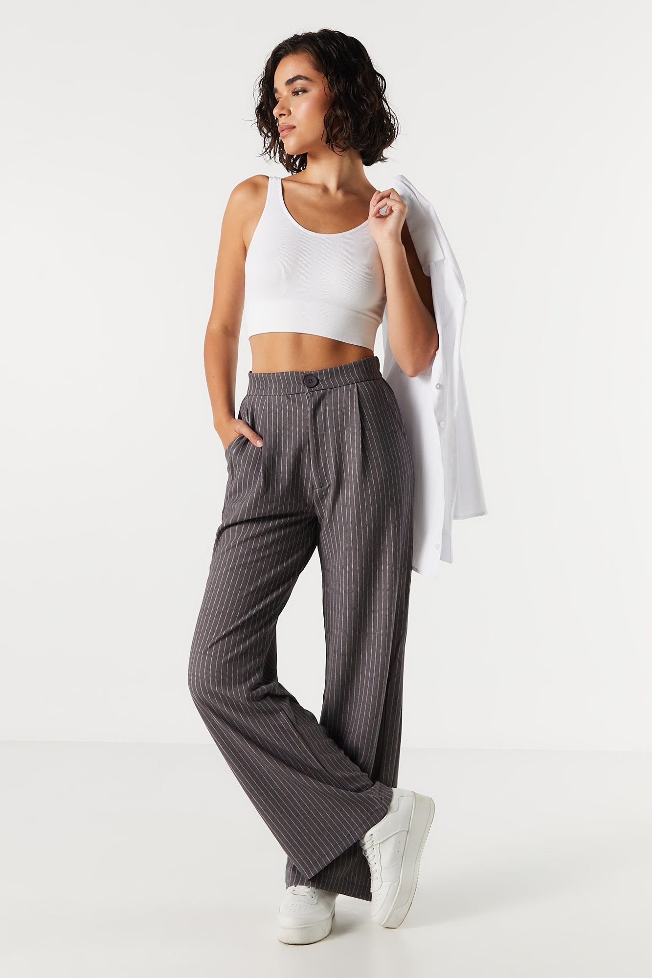 Pinstriped Crepe High Rise Dress Pant sold by Charlotte Russe