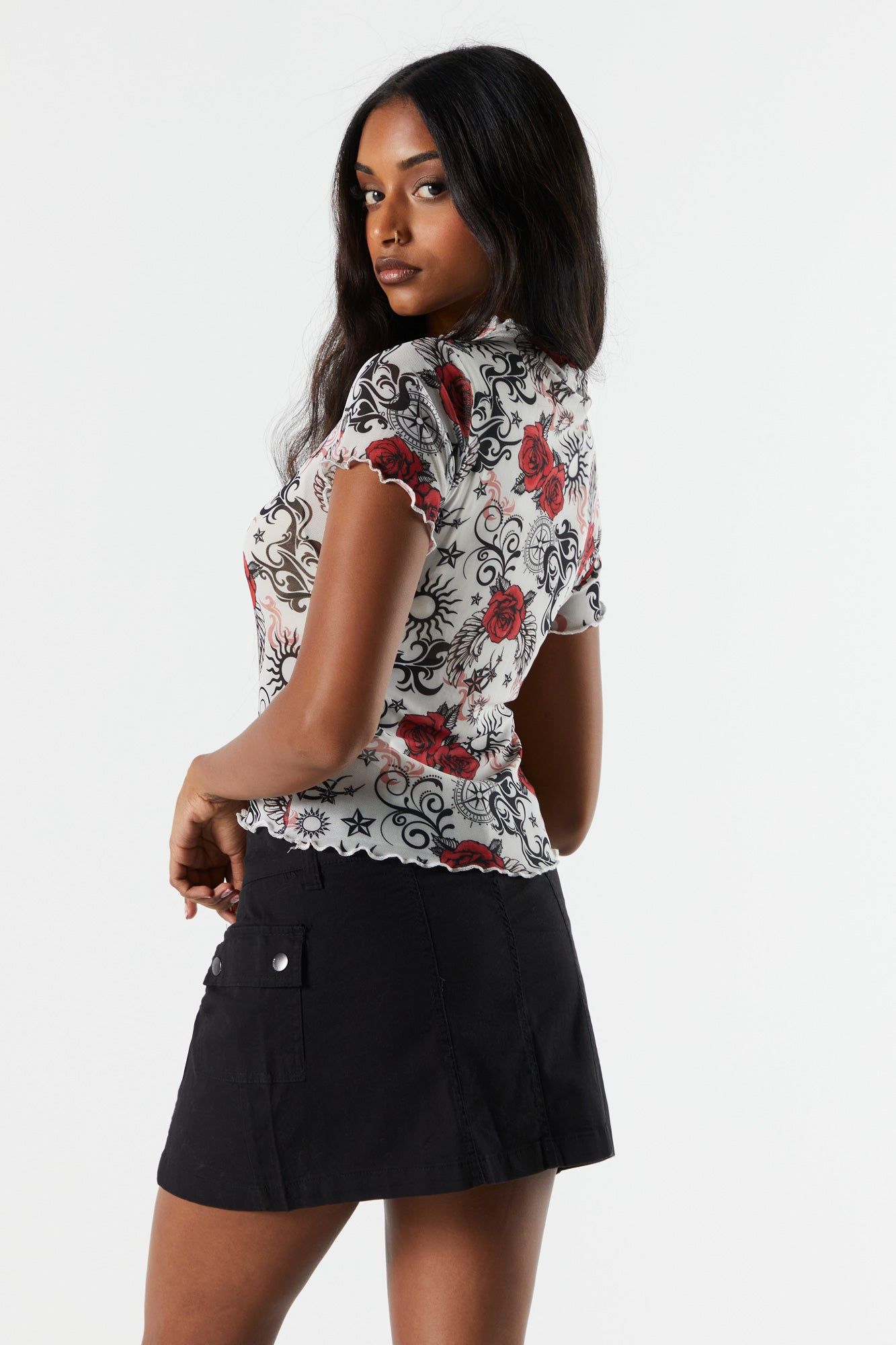 Rose Print Mesh Ruffle T-Shirt sold by Charlotte Russe product image thumbnail 2