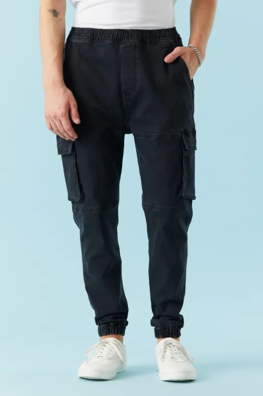 Relaxed Black Wash Denim Cargo Jogger sold by Charlotte Russe