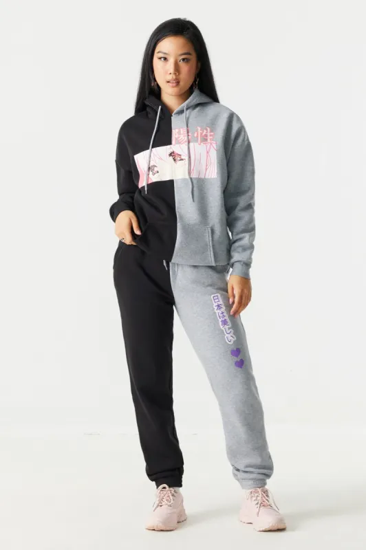 Japanese Characters Spliced Graphic Fleece Jogger sold by Charlotte Russe