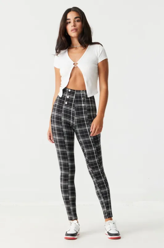 Soft High-Rise Black Plaid Button Detailing Legging sold by Charlotte Russe
