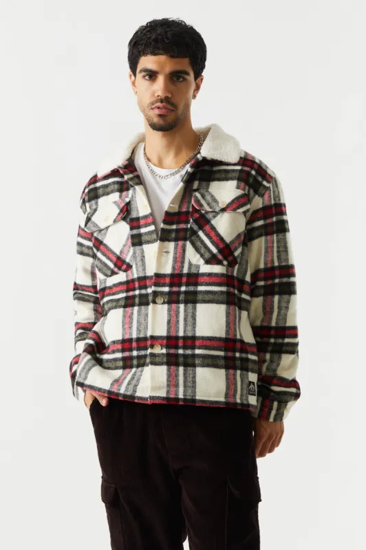 Black Plaid Sherpa Collar Shacket sold by Charlotte Russe