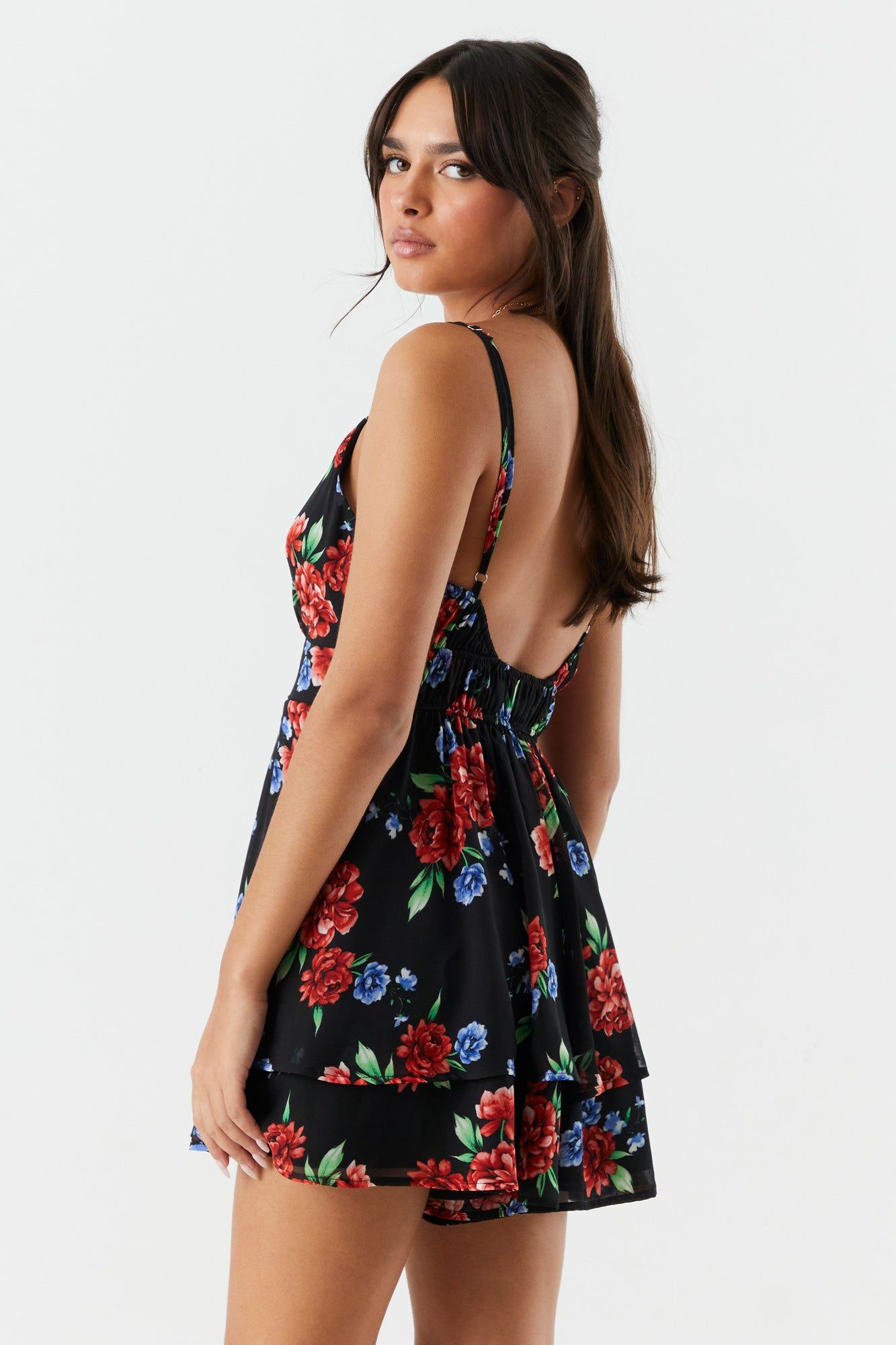 Red Floral Surplice Tiered Romper sold by Charlotte Russe product image thumbnail 2