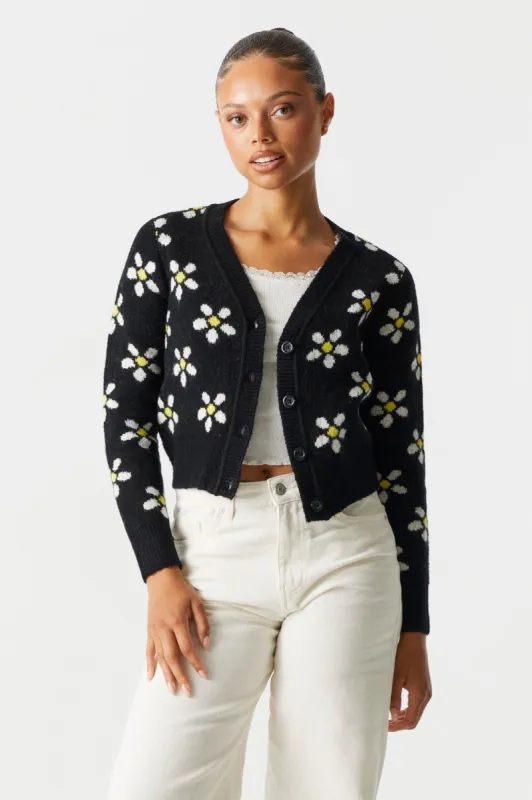 Daisy Print Mossy Knit Button-Up Cropped Cardigan sold by Charlotte Russe