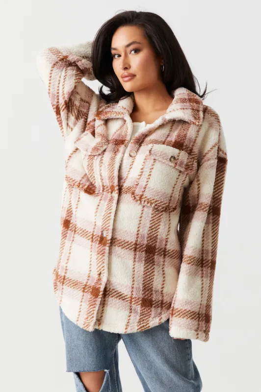 Pink Plaid Plush Fleece Shacket sold by Charlotte Russe