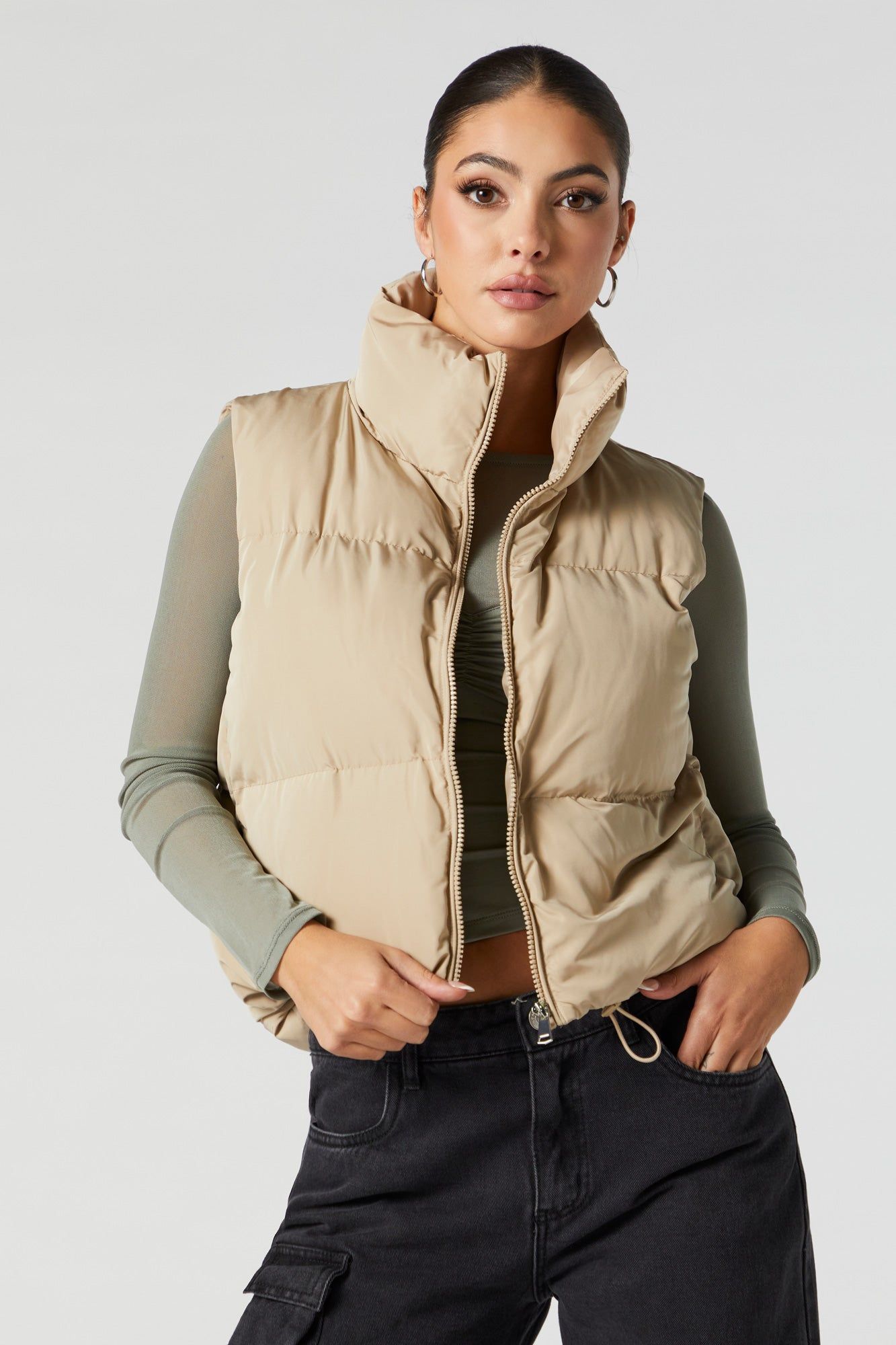 Tan Zip-Up Cropped Puffer Vest sold by Charlotte Russe
