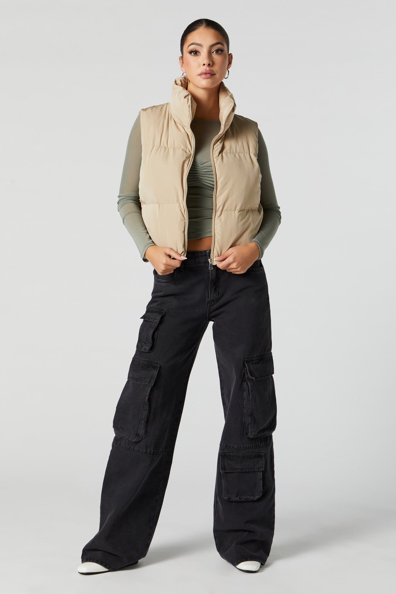 Tan Zip-Up Cropped Puffer Vest sold by Charlotte Russe product image thumbnail 3
