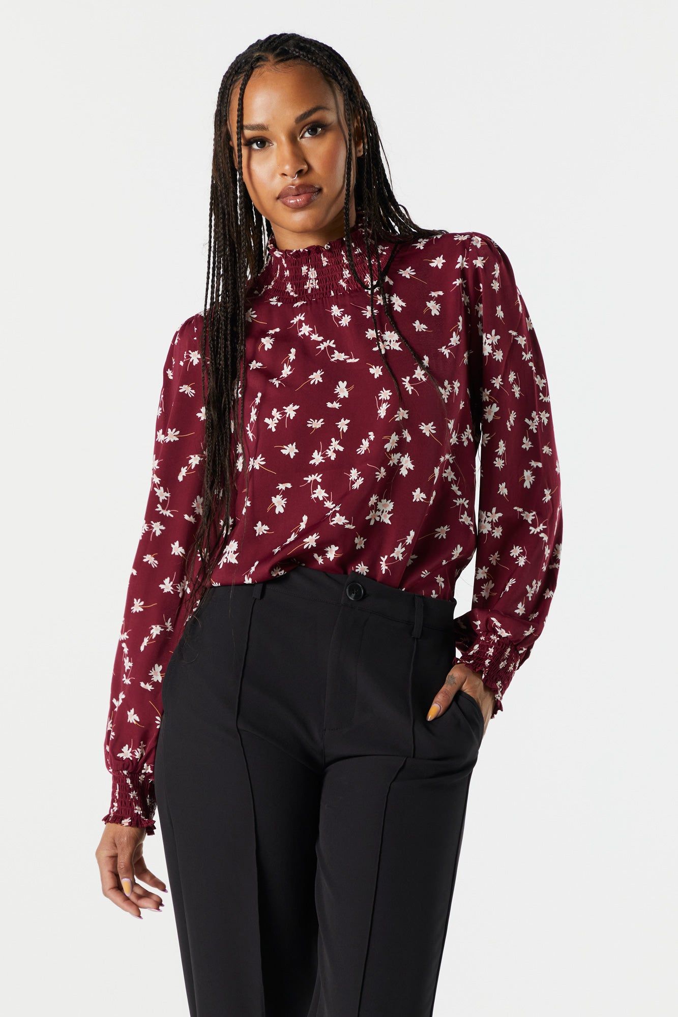 Burgundy Floral Mock Neck Blouse sold by Charlotte Russe