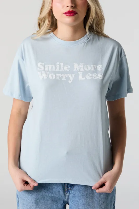 Smile More Worry Less Graphic Boyfriend T-Shirt sold by Charlotte Russe