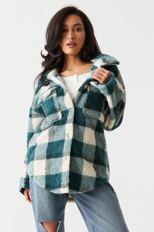 Green Plaid Plush Fleece Shacket sold by Charlotte Russe