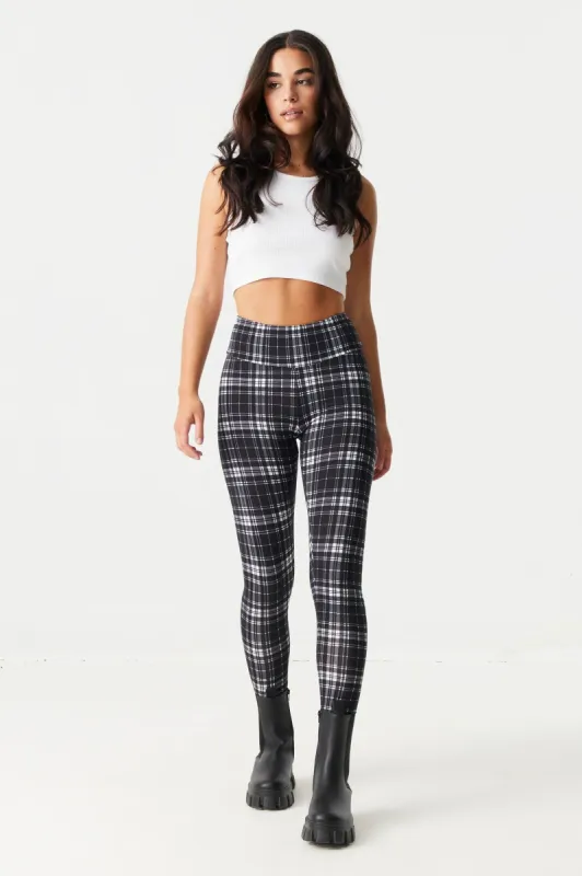 Soft Black Plaid High-Rise Wide Waist Legging sold by Charlotte Russe