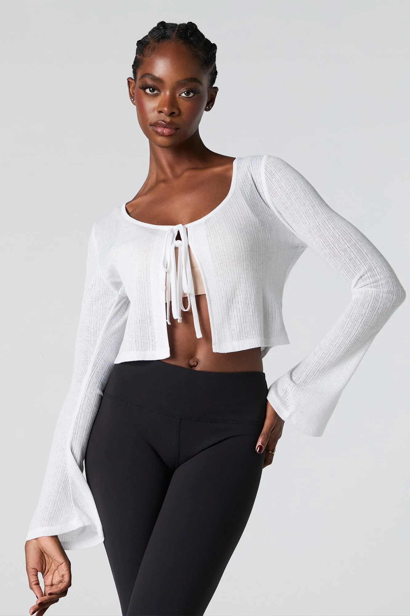 Pointelle Knit Tie Front Cardigan Parallel