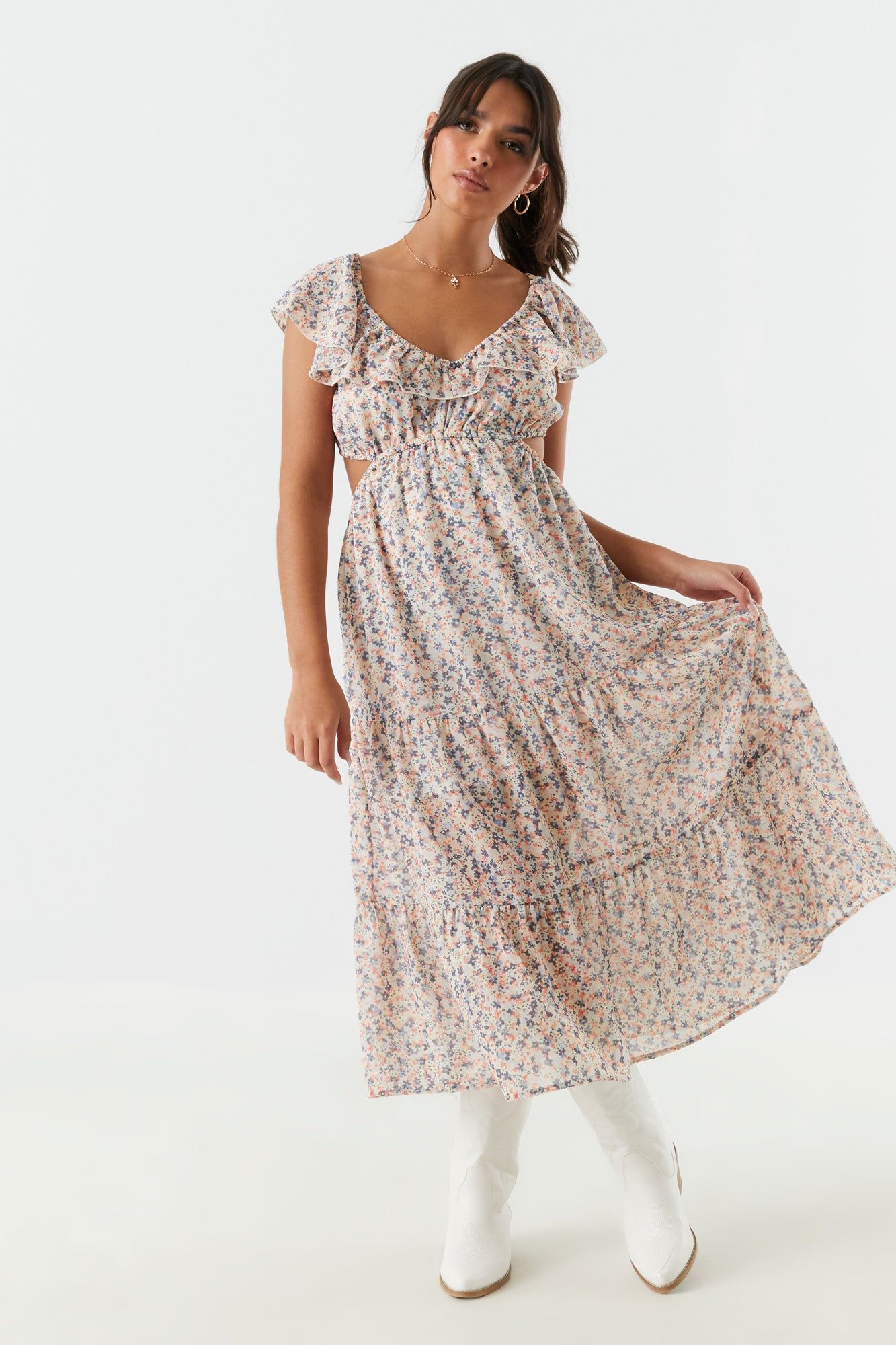 Floral Side Cut-Out Tiered Maxi Dress sold by Charlotte Russe