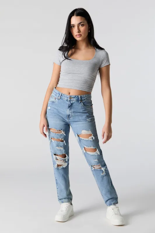 Medium Wash Distressed High Rise Mom Jean sold by Charlotte Russe