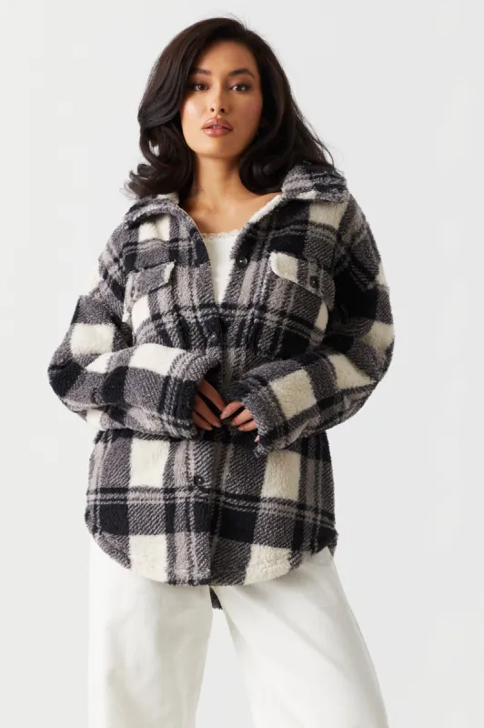 Black Plaid Plush Fleece Shacket sold by Charlotte Russe