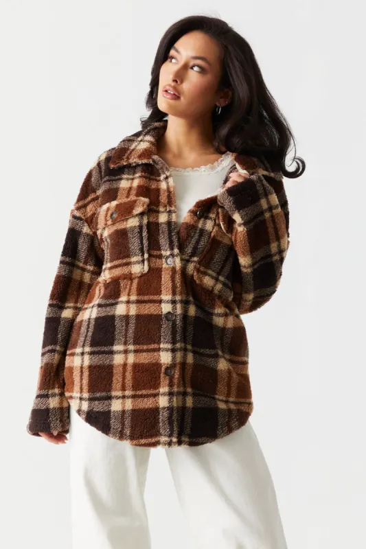 Brown Plaid Plush Fleece Shacket sold by Charlotte Russe