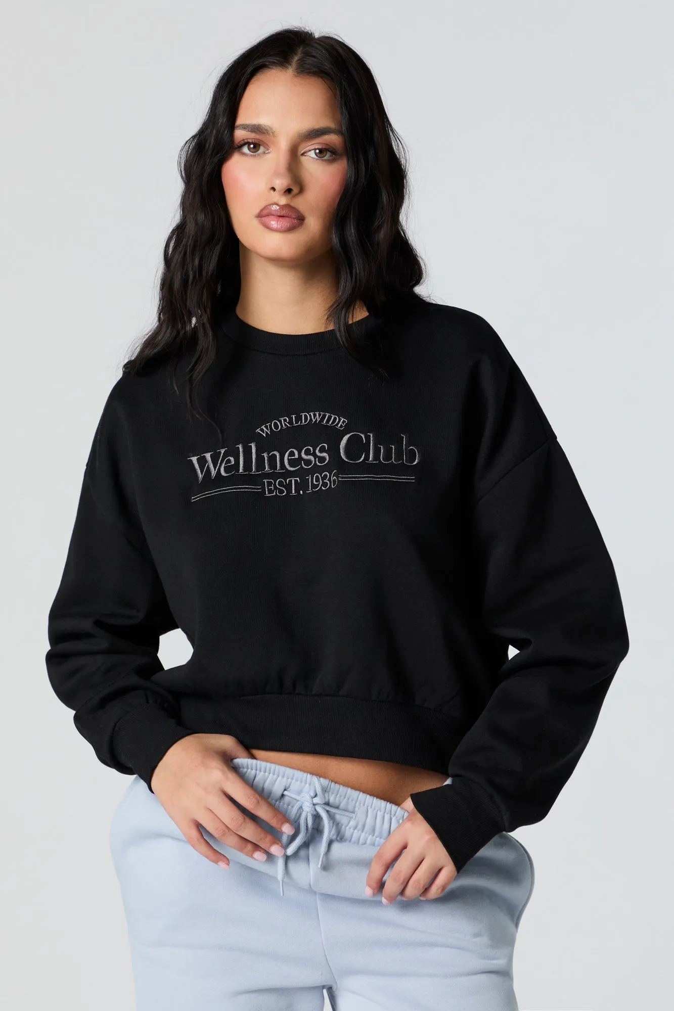 Wellness Club Embroidered Cropped Fleece Sweatshirt sold by Charlotte Russe