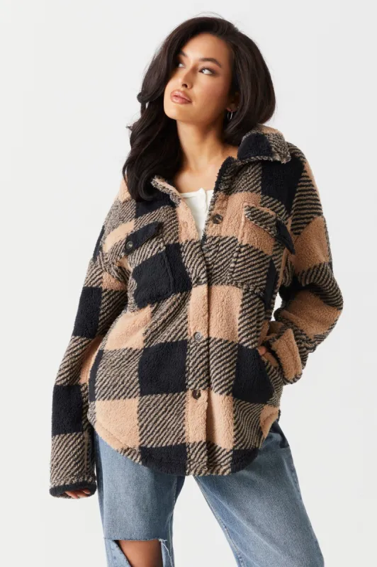 Buffalo Plaid Plush Fleece Shacket sold by Charlotte Russe