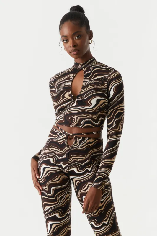 Marble Print Cut-Out Mock Neck Cropped Top sold by Charlotte Russe