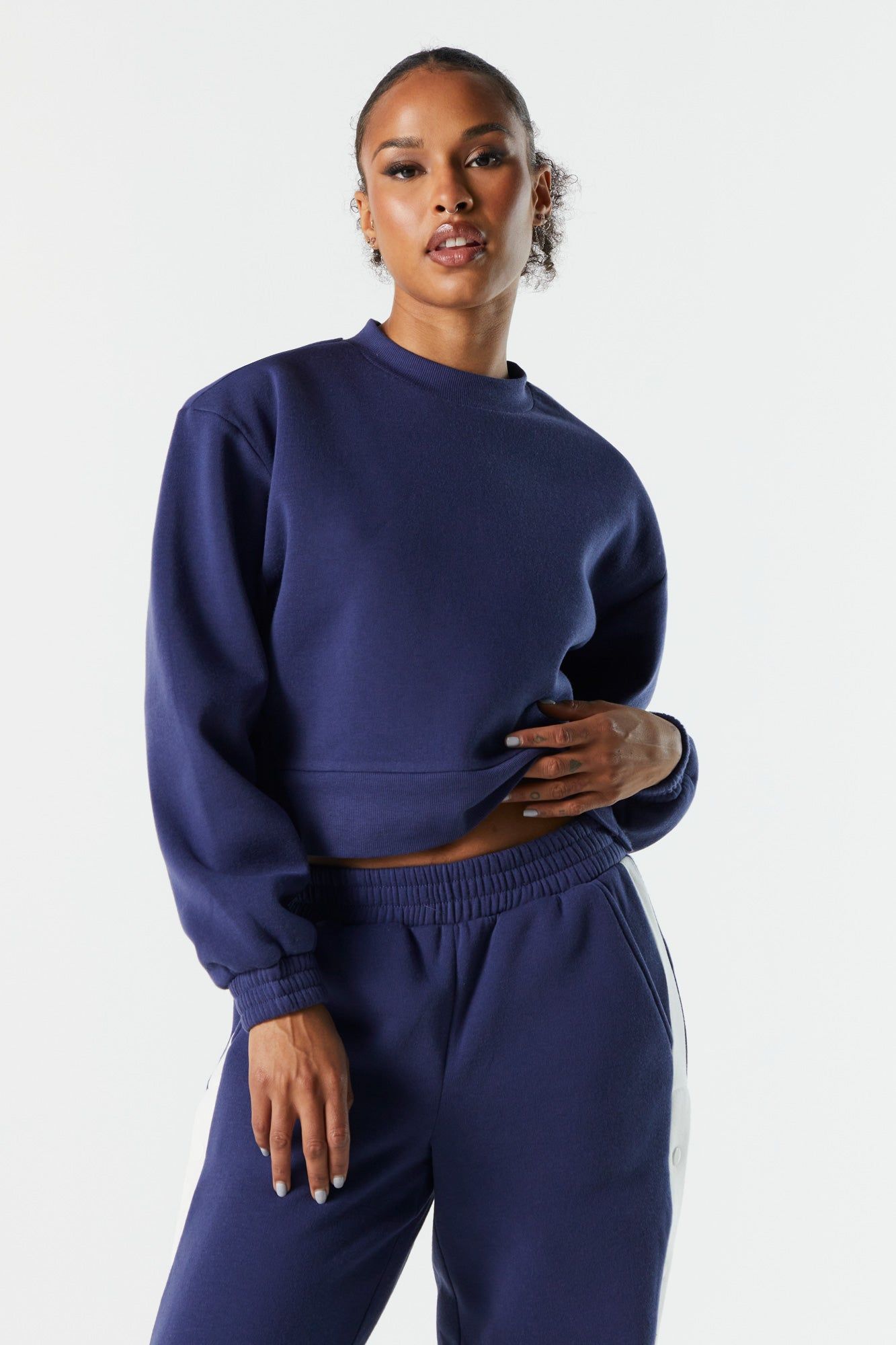 Fleece Buttoned Crewneck Sweatshirt sold by Charlotte Russe