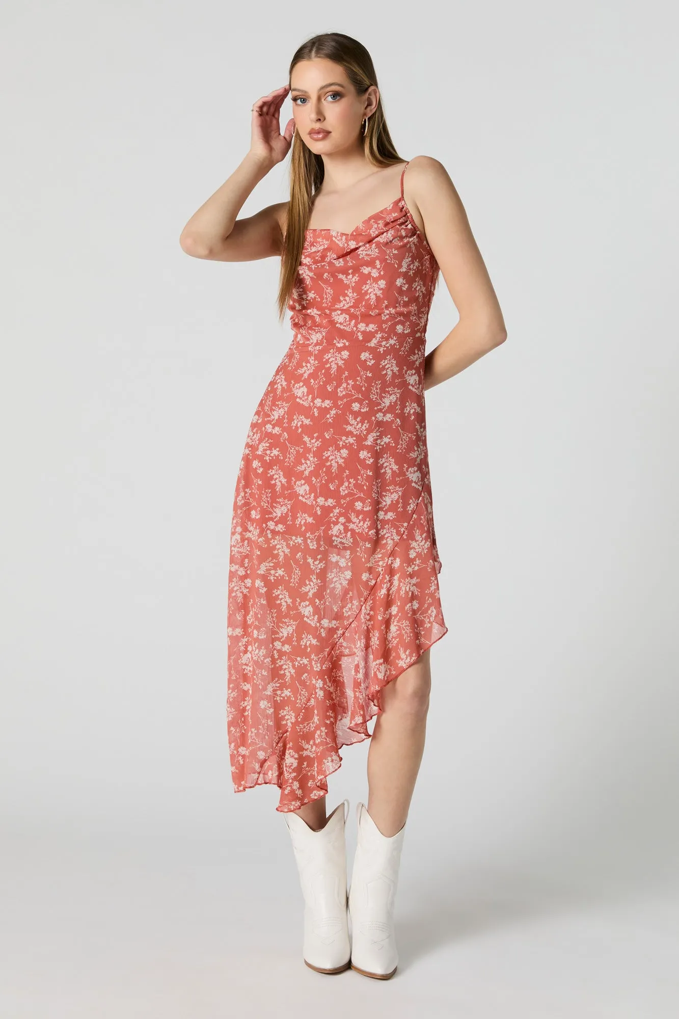 Chiffon Floral Cowl Neck Asymmetrical Midi Dress sold by Charlotte Russe product image thumbnail 2