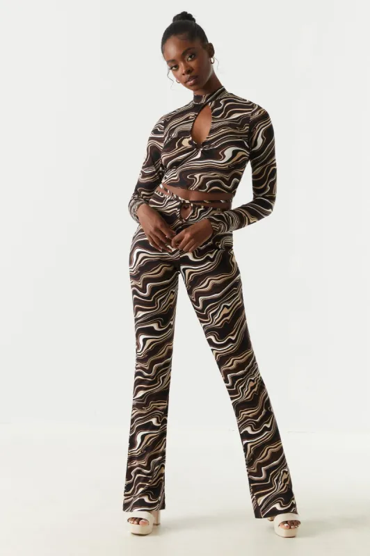 Marble Print Self-Tie Cut-Out Waist Flare Pant sold by Charlotte Russe