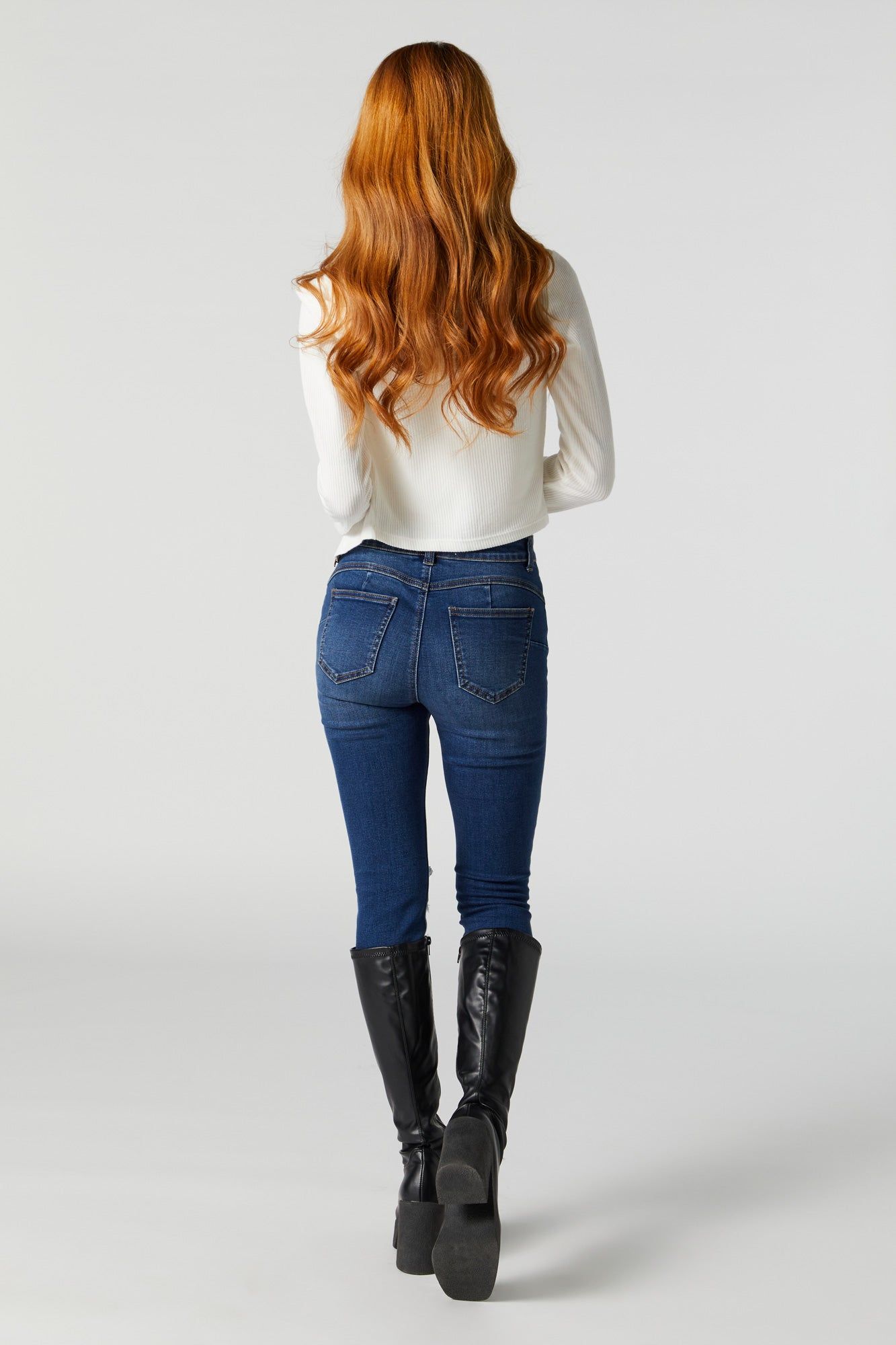 Rio Dark Wash Distressed Mid Rise Jean sold by Charlotte Russe product image thumbnail 3