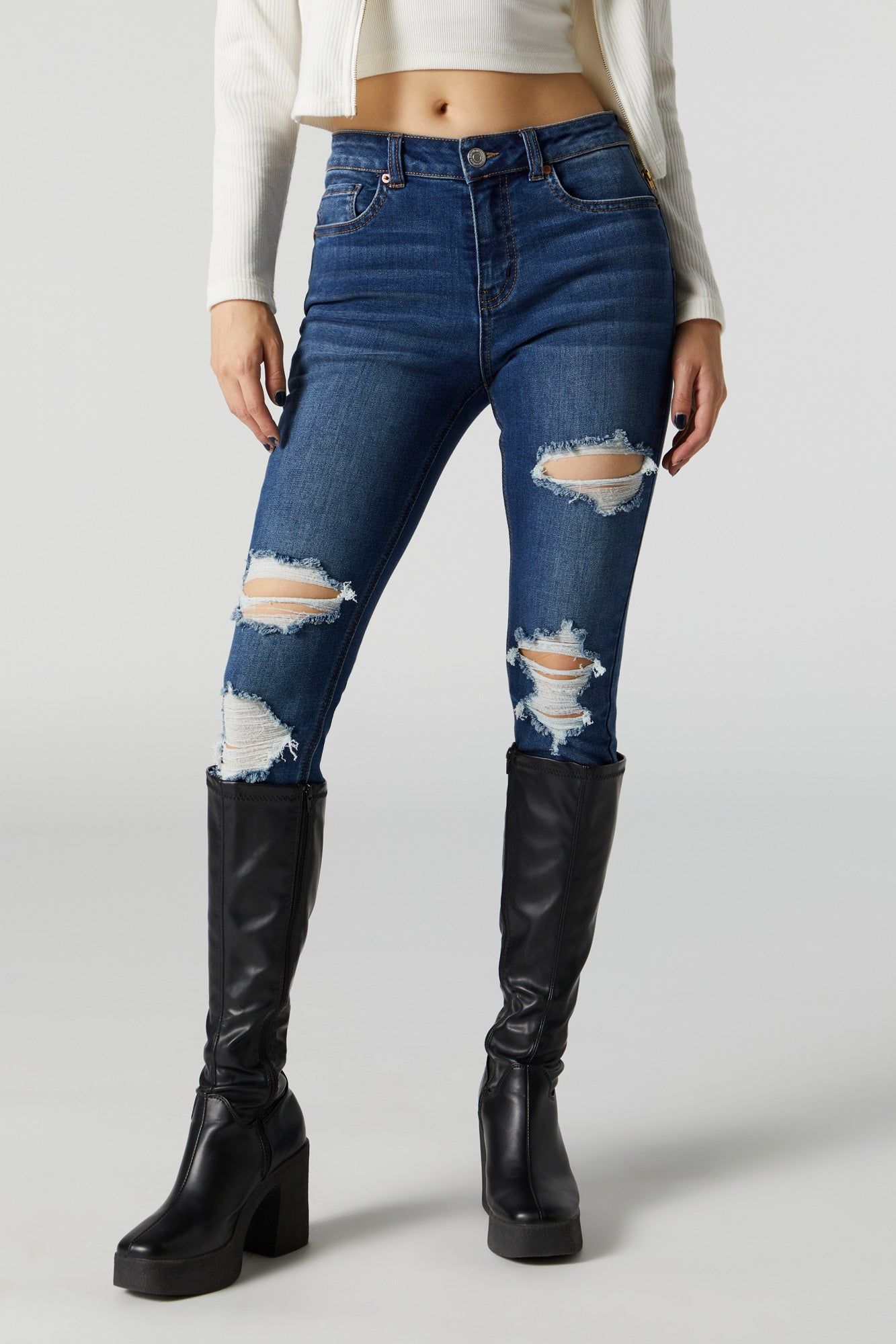 Rio Dark Wash Distressed Mid Rise Jean sold by Charlotte Russe product image thumbnail 2