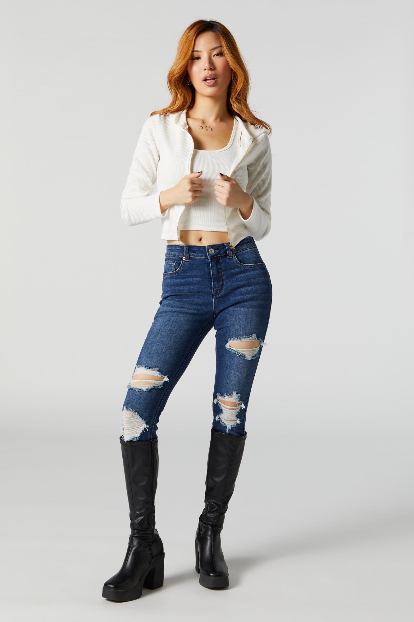 Rio Dark Wash Distressed Mid Rise Jean sold by Charlotte Russe product image thumbnail 4