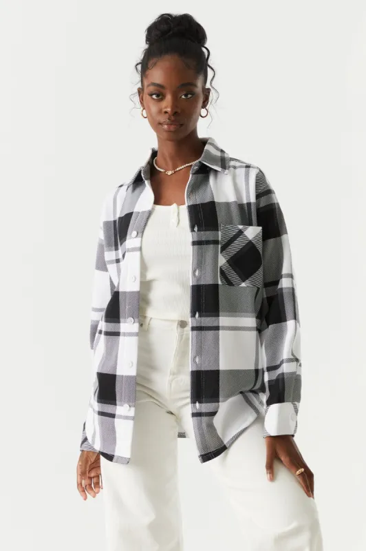 Black Plaid Fleece Shacket sold by Charlotte Russe