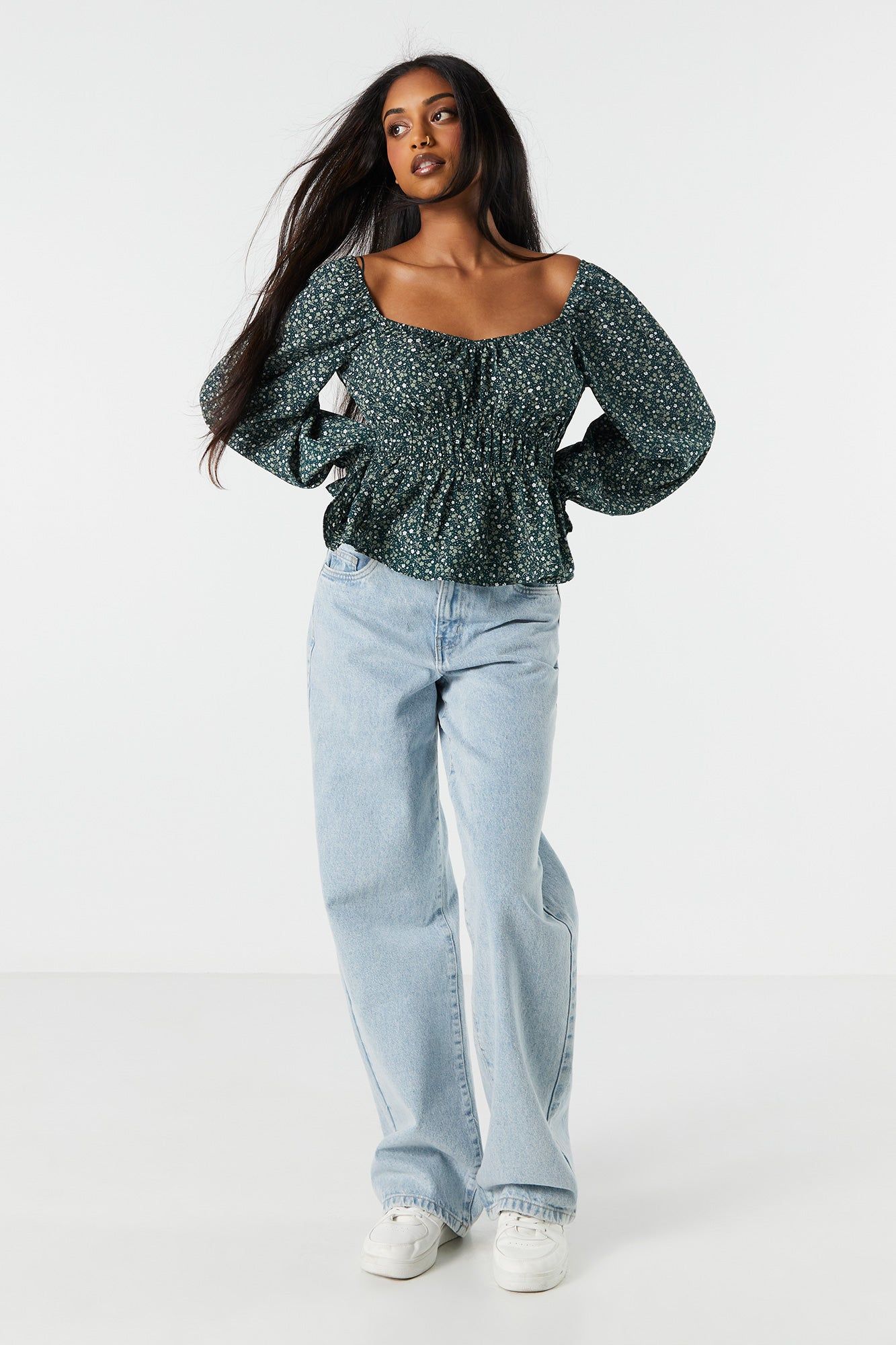 Green Floral Elastic Waist Long Sleeve Top sold by Charlotte Russe product image thumbnail 3