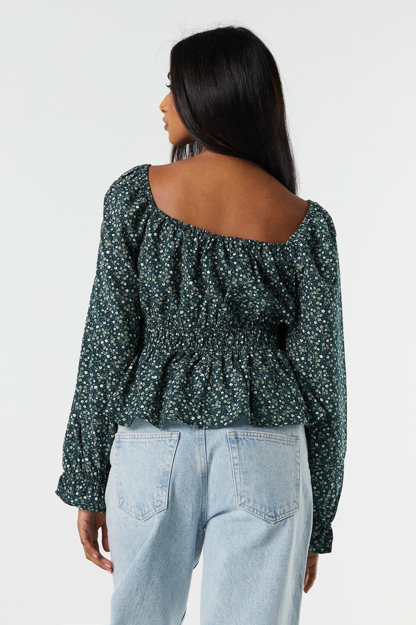 Green Floral Elastic Waist Long Sleeve Top sold by Charlotte Russe product image thumbnail 2
