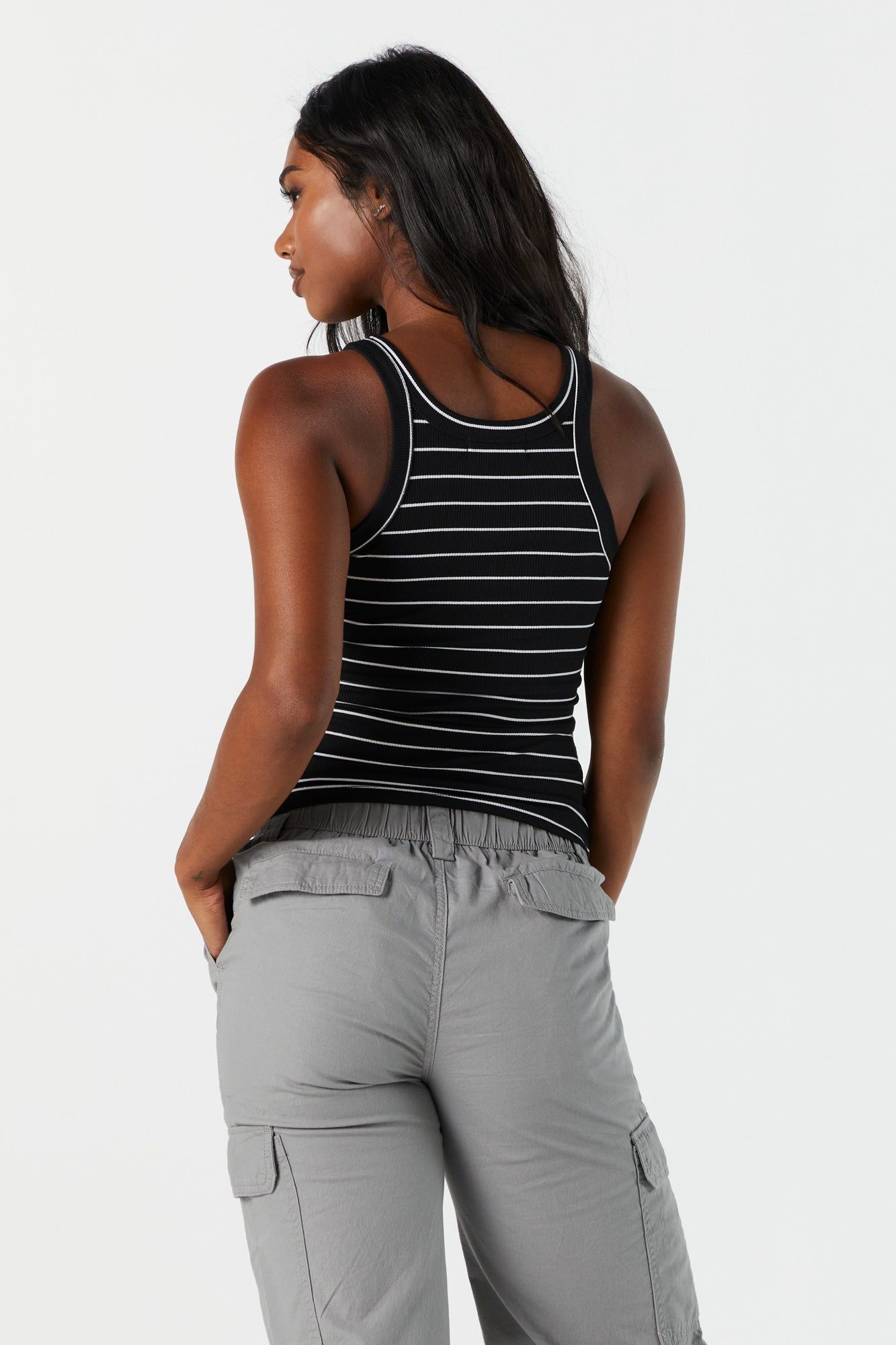 Black Striped Ribbed Round Neck Tank sold by Charlotte Russe product image thumbnail 2