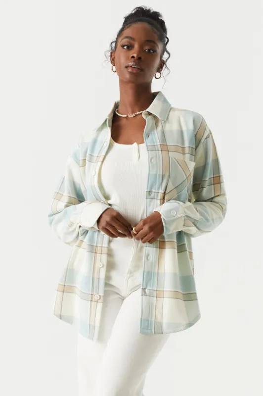 Blue Plaid Fleece Shacket sold by Charlotte Russe