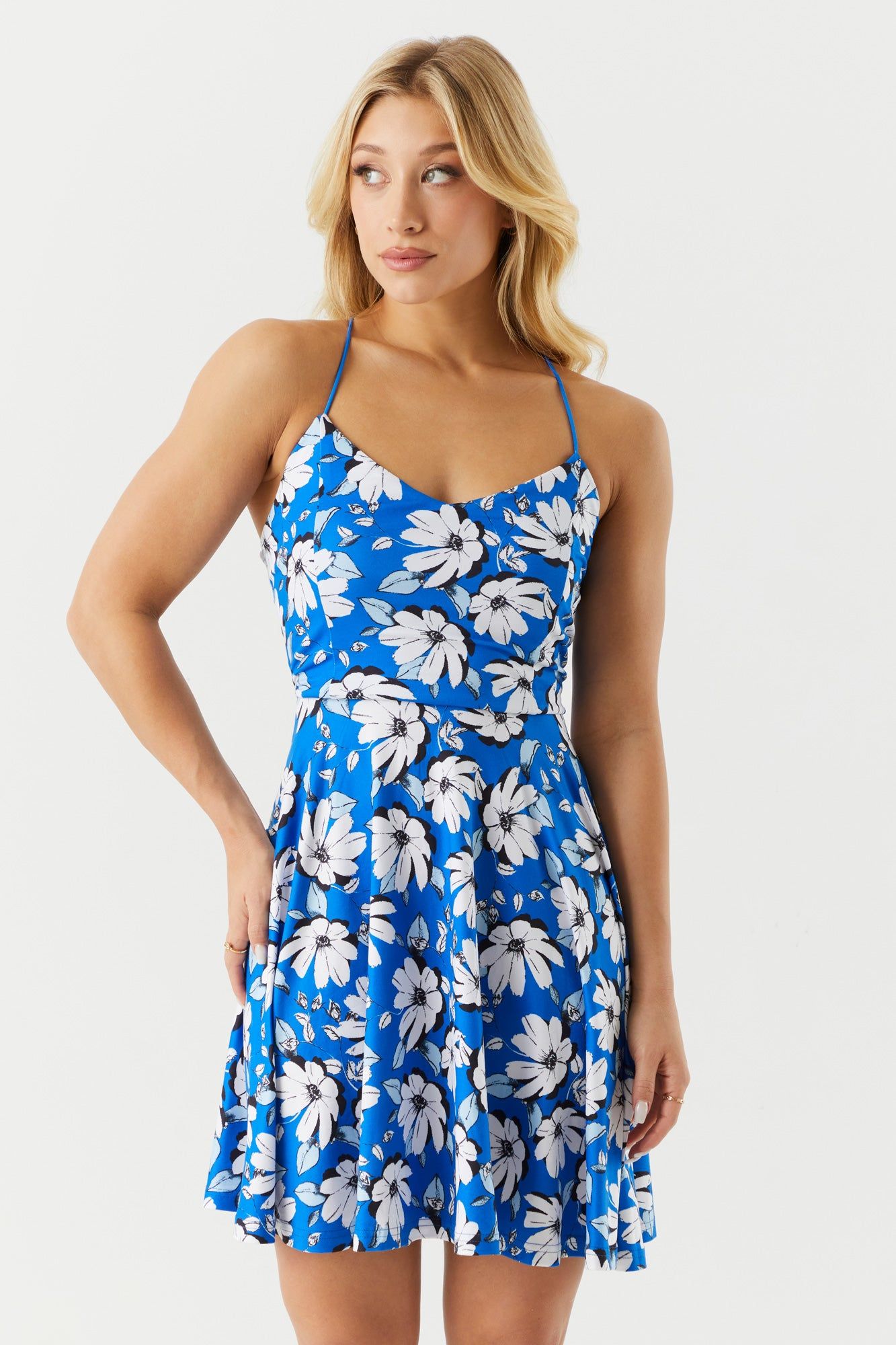 Blue Floral Print Skater Dress sold by Charlotte Russe