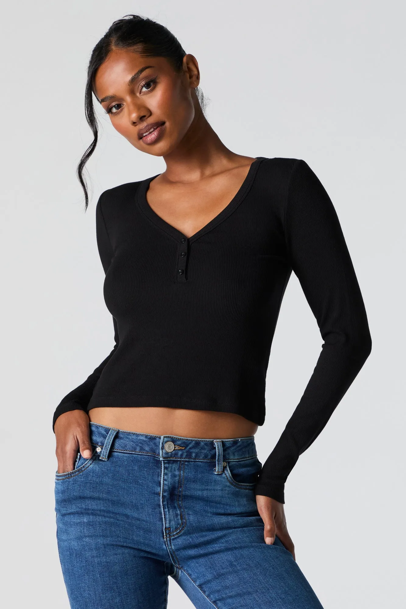 Ribbed Henley Long Sleeve Top sold by Charlotte Russe product image thumbnail 4