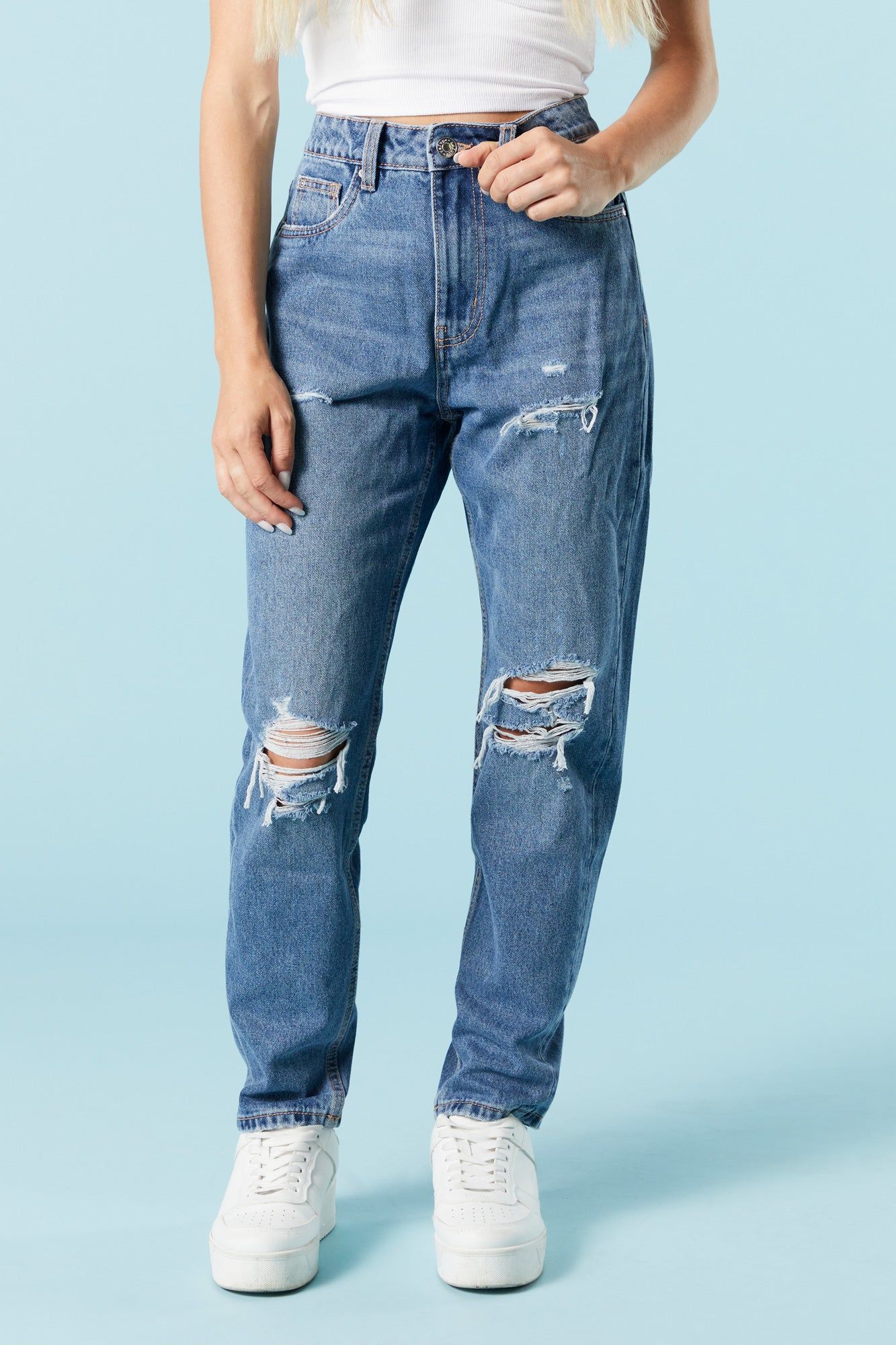 Dark Wash Distressed Mom Jean sold by Charlotte Russe product image thumbnail 2