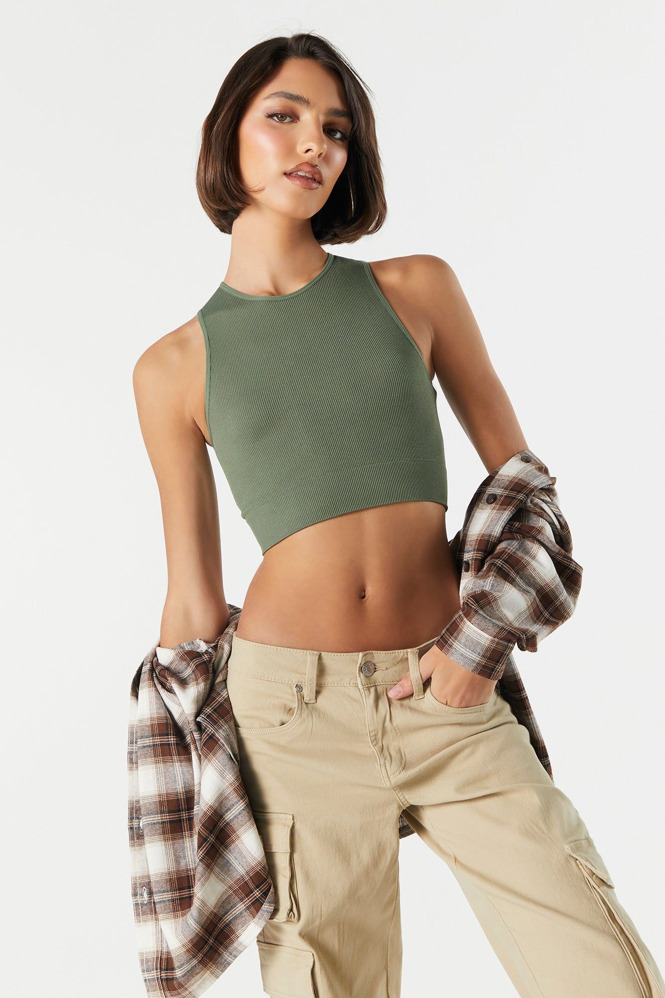 Seamless Ribbed High Neck Cropped Tank sold by Charlotte Russe