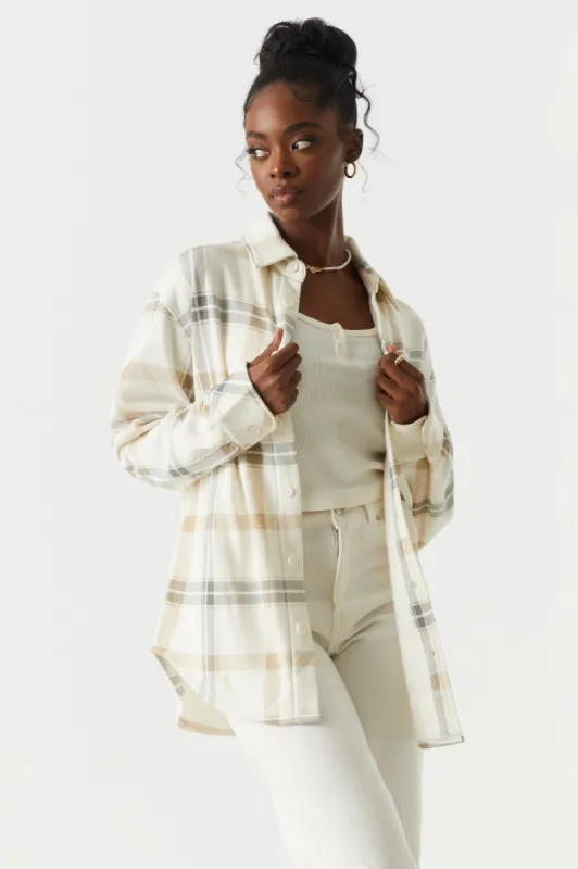 Tan Plaid Fleece Shacket sold by Charlotte Russe