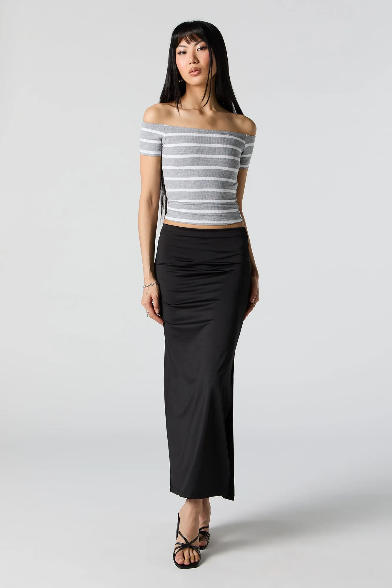 Grey Striped Ribbed Off Shoulder Top sold by Charlotte Russe product image thumbnail 3