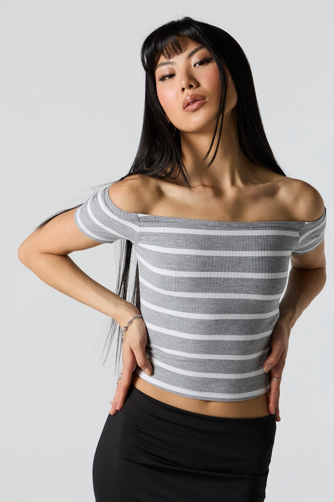 Grey Striped Ribbed Off Shoulder Top sold by Charlotte Russe