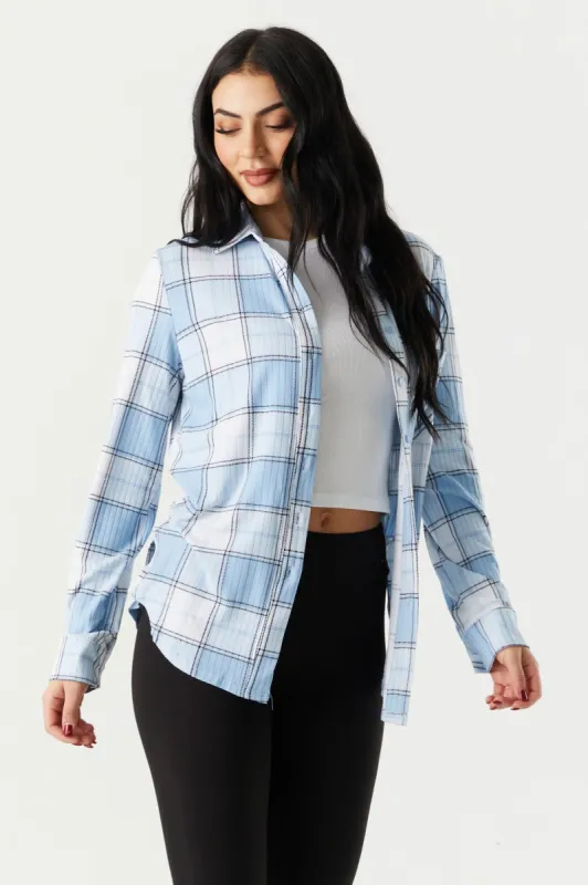 Soft Blue Plaid Boyfriend Shirt sold by Charlotte Russe