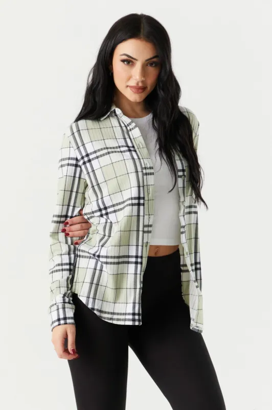 Soft Green Plaid Boyfriend Shirt sold by Charlotte Russe