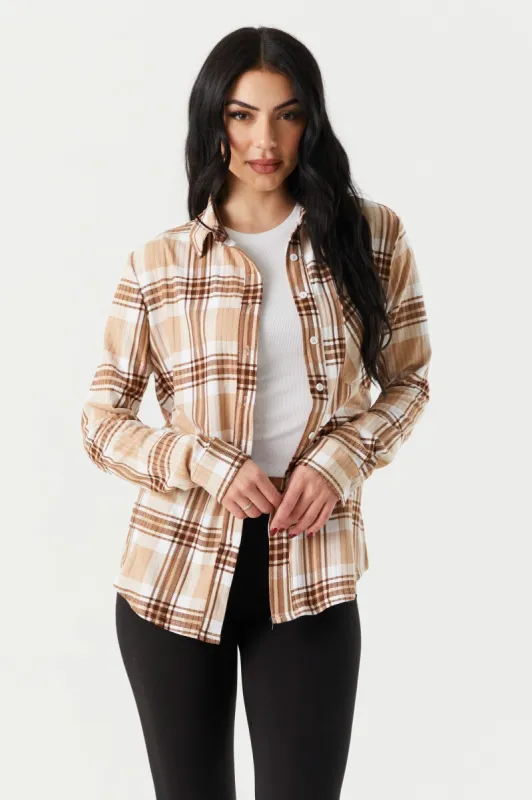 Soft Tan Plaid Boyfriend Shirt sold by Charlotte Russe