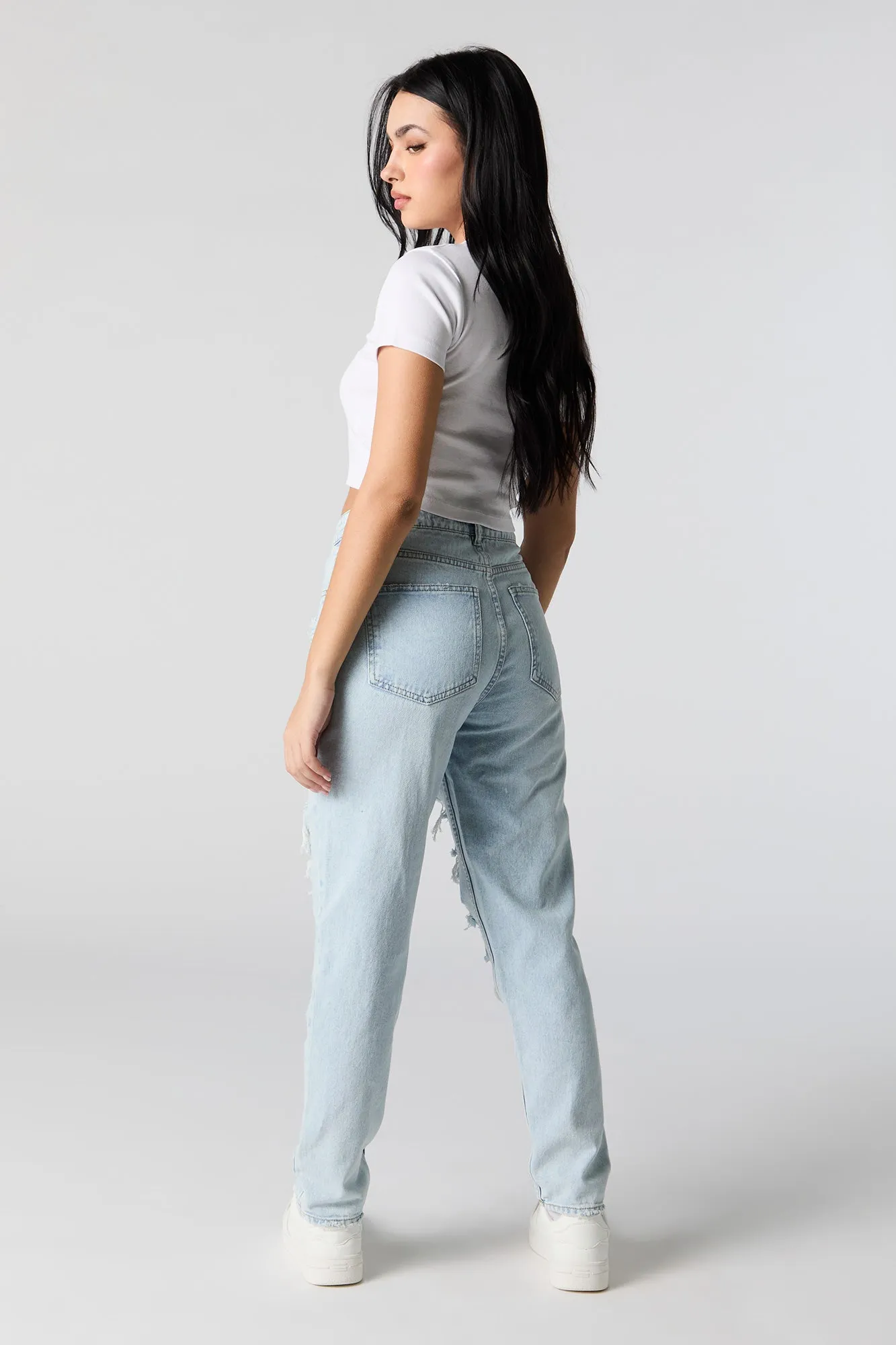 Light Wash Distressed High Rise Mom Jean sold by Charlotte Russe product image thumbnail 3