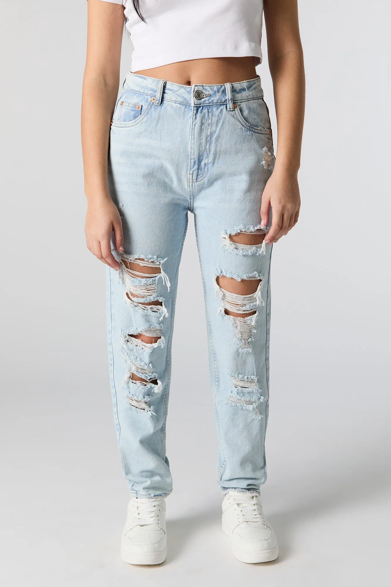 Light Wash Distressed High Rise Mom Jean sold by Charlotte Russe product image thumbnail 2
