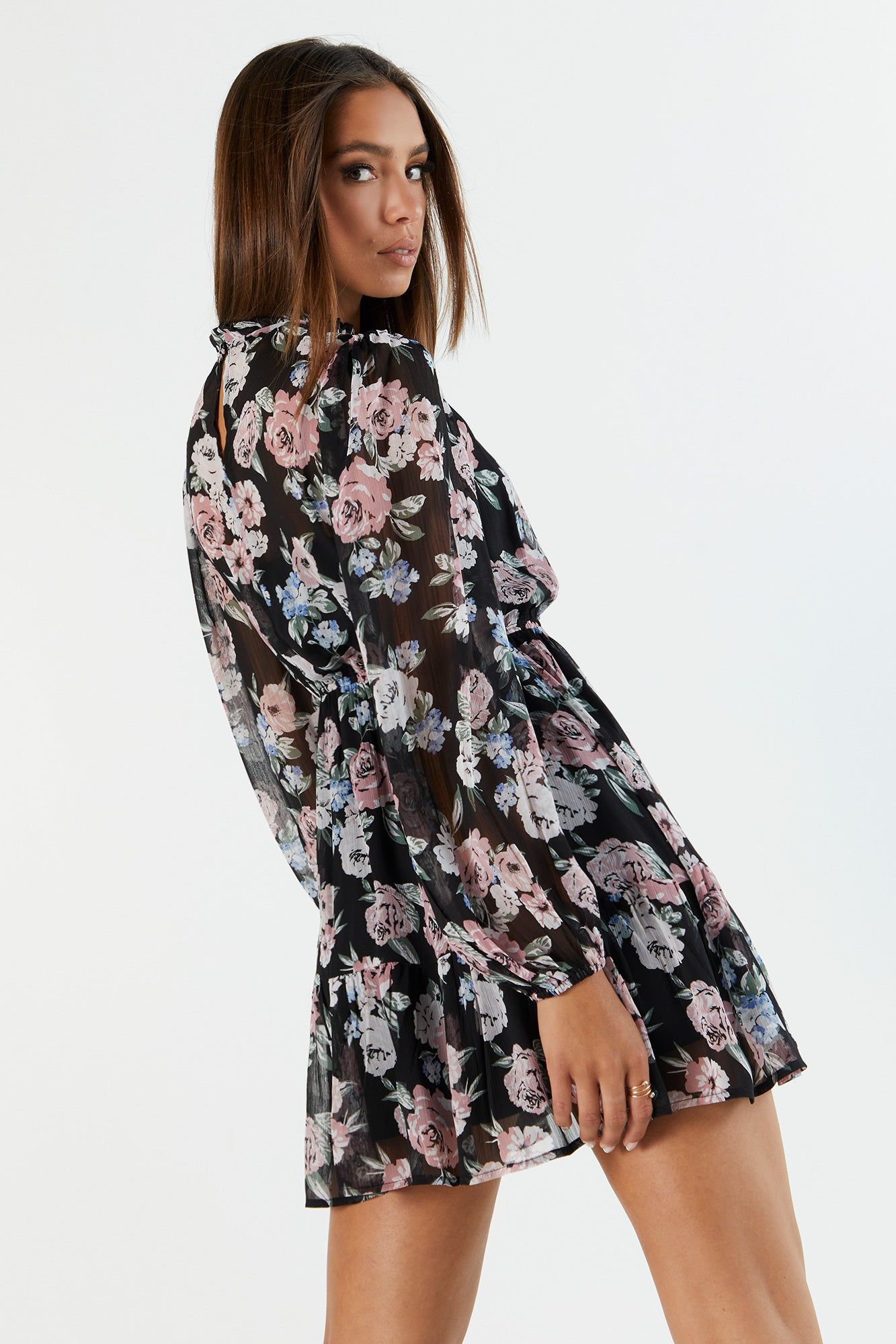 Black Floral Print Chiffon Mock Neck Long Sleeve Dress sold by Charlotte Russe product image thumbnail 2