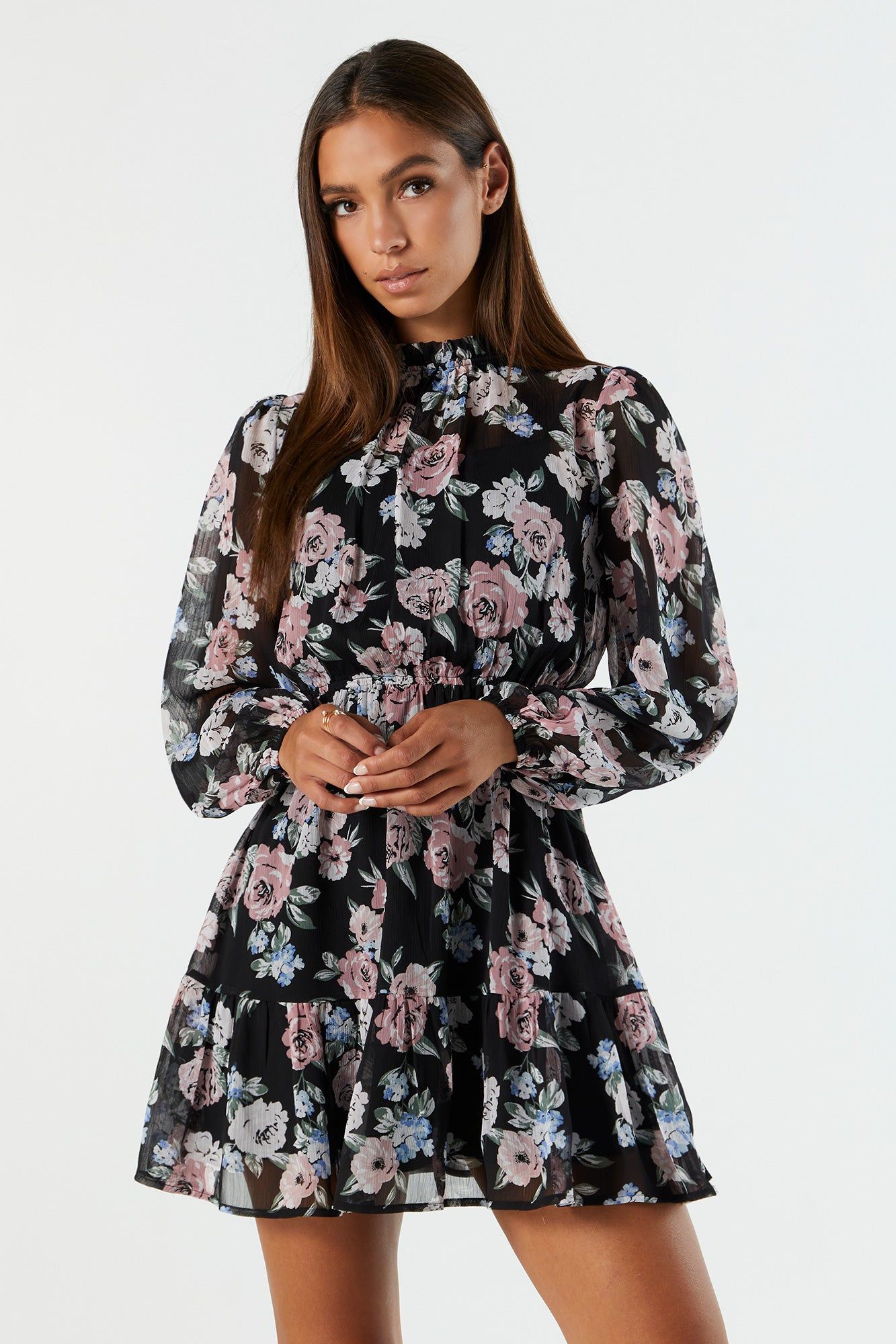 Black Floral Print Chiffon Mock Neck Long Sleeve Dress sold by Charlotte Russe