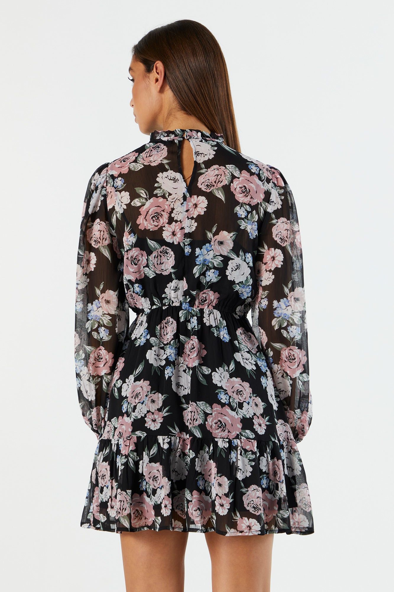 Black Floral Print Chiffon Mock Neck Long Sleeve Dress sold by Charlotte Russe product image thumbnail 4