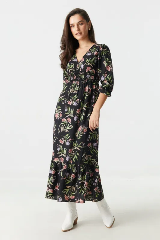 Black Floral Print V-Neck Long Sleeve Maxi Dress sold by Charlotte Russe